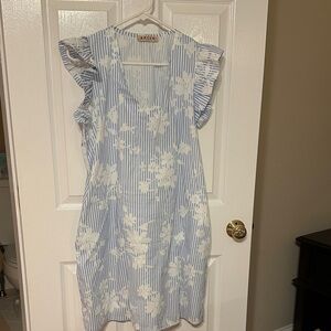 Blue and White Striped Floral Dress